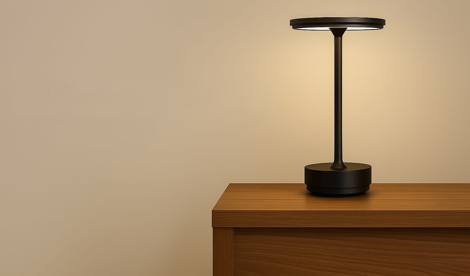LED tafellamp op houten kast met warm licht