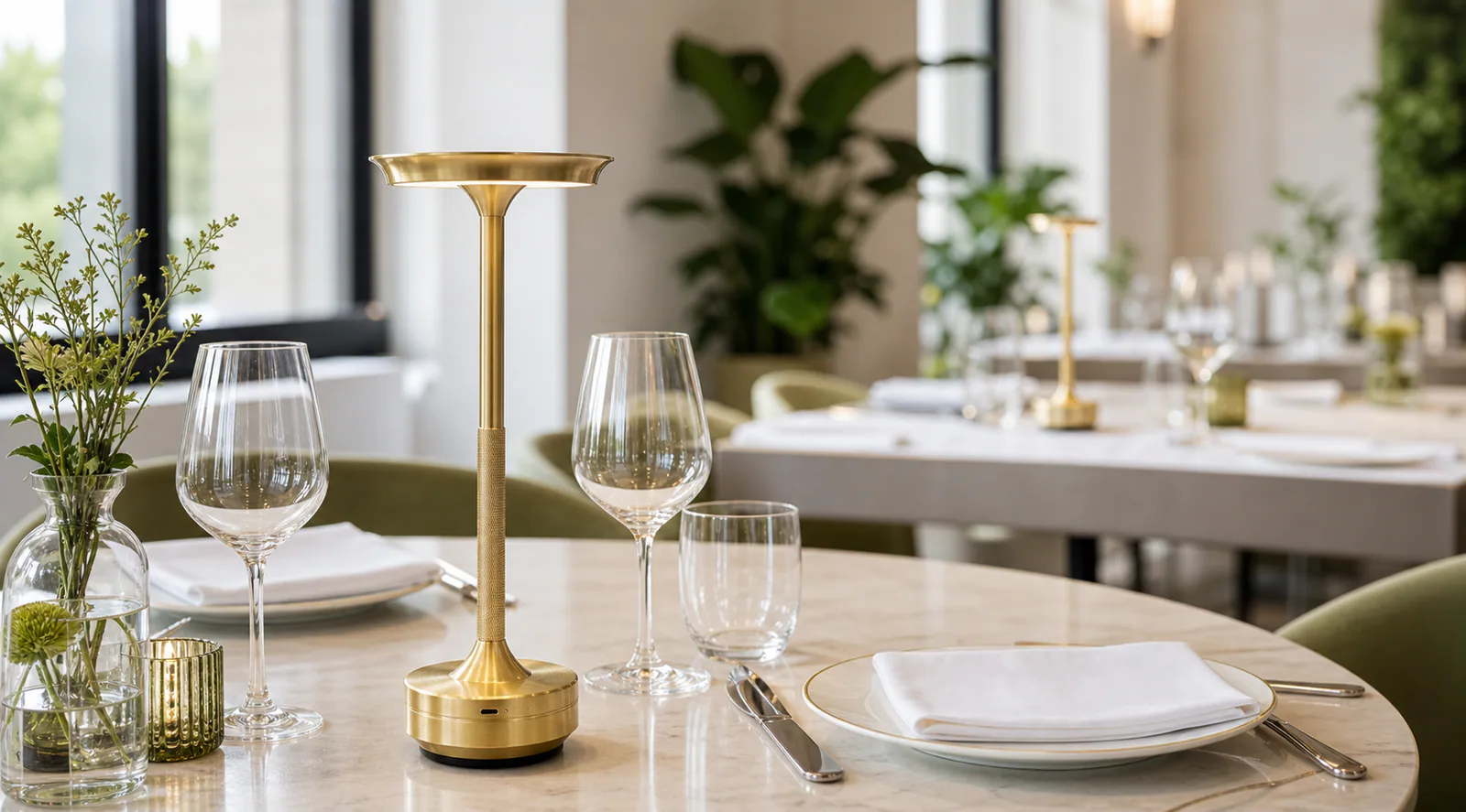 Gouden Eclips oplaadbare LED tafellamp op een restauranttafel