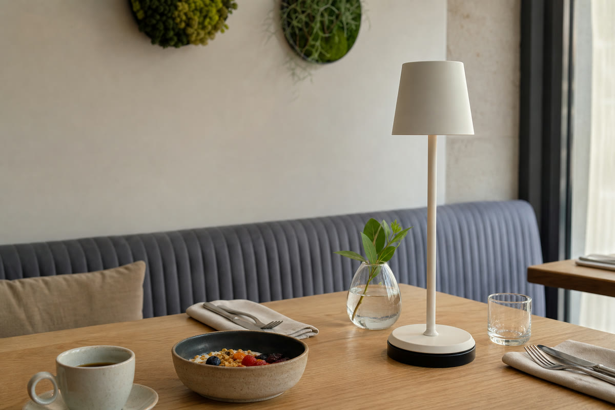Norda Cream Horeca Tafellamp 8 lampen + laadstation sfeerbeeld 2