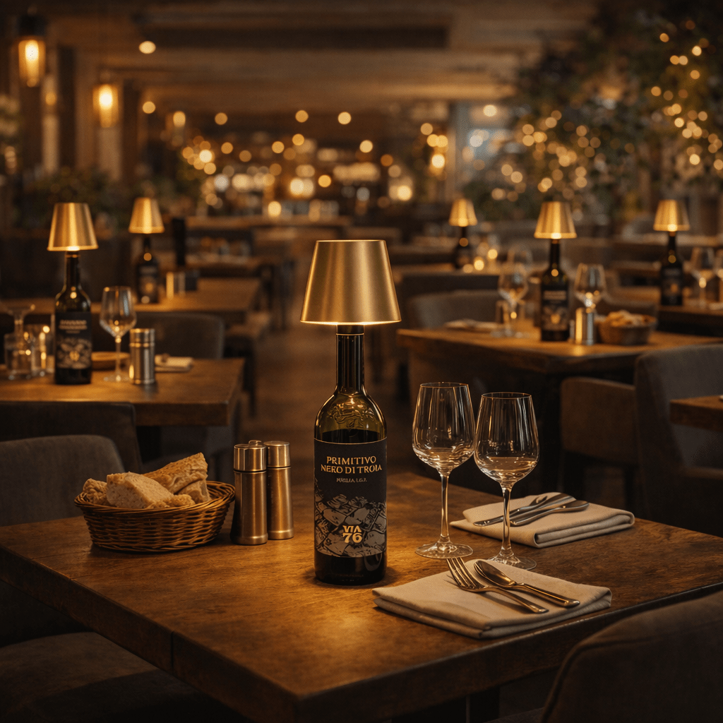 Oplaadbare LED tafellamp op een restauranttafel met warme sfeer